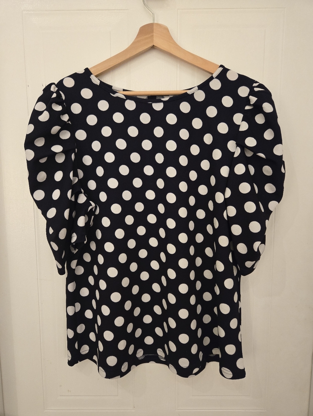 Navy Blue and White Polka Dot Puff Sleeve Top 2XL